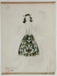 Kostymdesign för operan Cavalleria Rusticana av Pietro Mascagni (1863-1945) (penna och wc på papper)