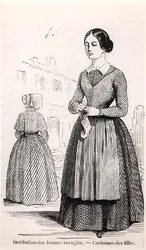 Kostym för flickor vid institutet för unga blinda, i "Tableau de Paris" av Edmond Texier, publicerad 1852 (gravyr) (svart/vitt foto)
