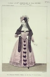 Kostym för Mademoiselle Dorus i rollen som Donna Elvira i Don Giovanni, graverad av Maleuvre, tryckt av Hautecoeur-Martinet