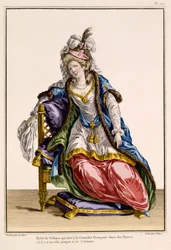 Kostym för sultanens fru i La Comedie Francaise, tryck gjord av Patus (handfärgad gravyr)
