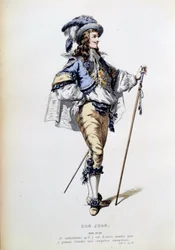 Kostym för karaktären Don Juan i scen 2 i akt I av det homonyma stycket av Jean Baptiste Poquelin dit Moliere (1622-1673). Gravyr av 1800-talets Paris, Comedie francaise