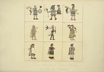 Kostymer designade av de mexikanska målarna från Montezumas tid, illustration från Views of the Cordilleras and Monuments of the Indigenous Peoples of America av Alexander von Humboldt och Aime Bonpland, 1