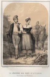 Costumes de Provence - legenden om bron i Avignon - gravyr i "THE SOURIES OF MON ONCLE MEMORIES ET RECITS DE Voyages" av MORING MICHEL - Slutet av 1800-talet