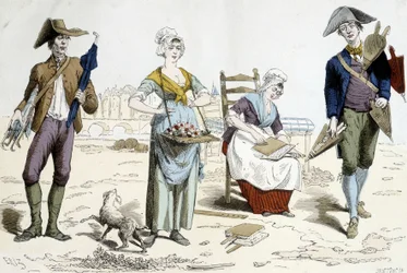 Kostymer från Paris genom århundradena. Illustration av 1700-talskläder: handlare med paraplyer, blommor, madrasskartong och bälghandlare.