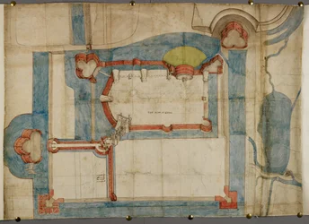 Bomull Augustus I ii 52, En färgad plan av Guînes slott omkring 1540 (pergament)