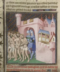 Cotton Nero E. II pt.2, f.20v Utvisning av albigenserna från Carcassone 1209, från 