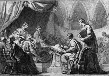 Kyrkomötet i Orléans, 511: Klodvig I (466-511), frankernas kung, deltar i kyrkomötet som etablerade samarbete mellan Frankrikes kungar och den katolska kyrkan. Gravyr från 1700-talet.
