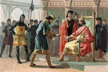 Greve Louis de Crecy, hotad av invånarna i Kortrijk, bad om hjälp från kungen av Frankrike Charles Le Bel (1294-1328). Kromolitografi omkring 1890.