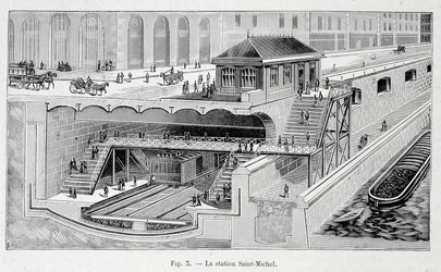 Sektion av tunnelbanestationen St Michel i Paris i ""La nature"" 1899