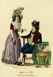 Par i mode från 1792. Färgstick efter ritningen av Harlems kabinett, i "France et les francais a travers les siecles"" av Augustin Challamel, F.Roy-redaktör, Paris 1882. Selva Collection.