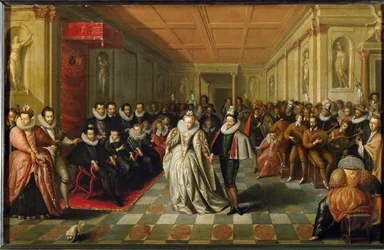 Hovbal på Palais du Louvre i samband med bröllopet mellan Anne, Duc de Joyeuse ...