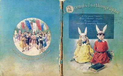 Omslagsillustration och baksida till en fransk skolbok om skrivande, utgiven av Hachette i Paris, 1905