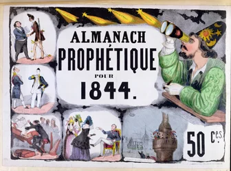 Omslag till en profetisk almanacka föreställande Nostradamus (1503-66) 1844