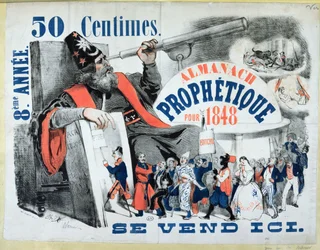 Omslag till en profetisk almanacka föreställande Nostradamus (1503-66) 1848