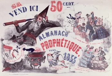 Omslag till en profetisk almanacka föreställande Nostradamus, 1855