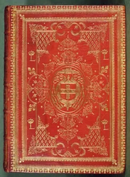 Omslag till en bok som ägs av kardinal Mazarin, med avslutningen visar kardinalernas armar av stjärnor och fasces, befäst av galerohatten och tofsarna från en kardinal (läder och förgyllning)