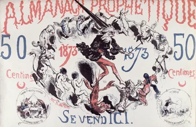 Omslag till en profetisk almanacka föreställande Nostradamus, 1873
