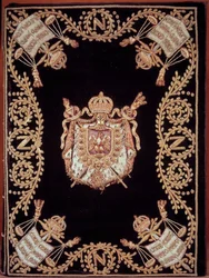 Omslag till en av de tolv originalutgåvorna av "Code civil des francais"" utfärdat av Napoleon Bonaparte den 21/03/1804. Den är inbunden i sammetsbroderi av guld och silver med rättvisans emblem och kejsarens vapen. franska medborgarrättslagen. B.N