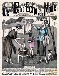 Omslag till tidningen "" Le petit echo de la mode "" la tvättmedel - två kvinnor med en flicka och en hund breder ut linne som lagts på tork på en tråd utanför, nr 32 den 8 augusti