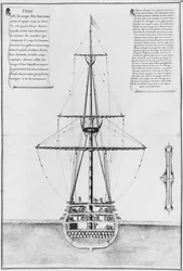 Tvärsnitt i den största bredden av ett beväpnat och utrustat fartyg, illustration från Atlas de Colbert, skylt 44