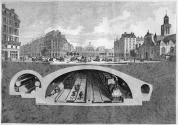 Tvärsnitt som representerar tunnelbaneprojektet i Paris, från Vilette till de centrala hallarna, 1861. Gravyr i "" Le Monde Illustré"" nr 213 av 11 maj 1861.