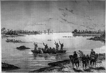 Korsar Niger med båt med missionärer.. Gravering i den berömda journalen "" Youth""