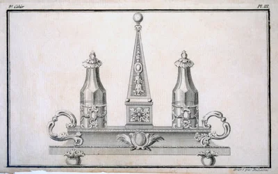 Cruet-set på stativ, från en mönsterbok med neoklassiska metalldesigner sammansatta av Duhamel, ca 1770-80-talet