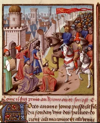 Korståg: återvändande av den franska armén i det heliga landet. Miniatyr i "" Le miroir historial"" (Speculum Historiale) (ms. 1196, fol. 372) av Vincent de Beauvais (1190-1264) översatt till franska av Jean de Vignay