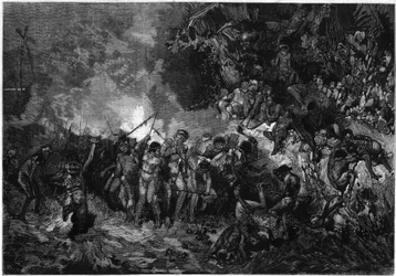 Sed i Nya Kaledonien: Pilou pilou (Pilou-pilou), traditionell kanakdans. Gravyr i "" Le Monde Illustré "" nr 772 av 27 januari 1872.