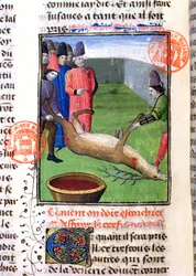 Att klippa benen på en död hjort, från Livre de la Chasse av Gaston Phebus de Foix (1331-91)