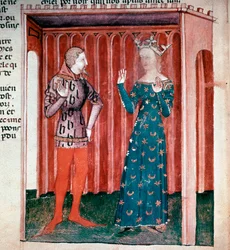 Kung Arthurs cykel: Riddare Lancelot du Lac och drottning Guenievre. Miniatyr från manuskriptet "" La quete du saint grail"" (ms. fr 343 fol. 6) 1380-1385 Paris B.N.