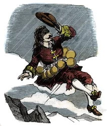 Cyrano de Bergerac reser sig på himlen tack vare flaskor med rosee och resa till månen, illustration av romanen av Hercules Savinien Cyrano de Bergerac (1619-1655): "" Den andra världen"