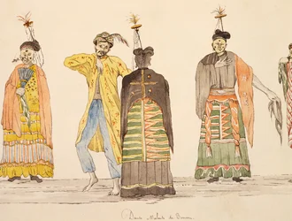 Dansa inhemsk till Buru, Moluckerna, akvarell av Jules-Louis Lejeune, baserat på Voyage around world