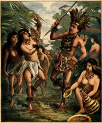 Dans av Roucouyan-indianer i Karibien. Gravyr i "" La Terre Illustree"" nr 77 av den 21 april 1892.