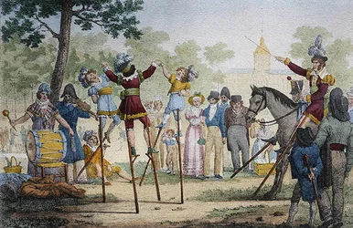 Dansare på styltor på Les Champs Elysees (färg litho)