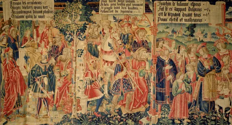 Daniel förhörde de äldste, de äldste ledde till att de avrättades och Susanna grät på väg till sin rättegång, högra panelen från Story of Susanna
