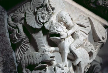 David Slaying the Lion (detalj av en huvudstad) c.1130 (sten)