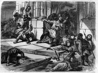 Diakon John får dörrarna till Laterans palats nedbrutna. Gravyr i "Historien om påvarna-kungarna-drottningarna och kejsarna genom århundradena"" av Maurice Lachatre