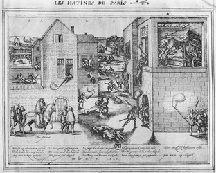 Amiral Gaspard II de Colignys (1519-72) död vid tiden för St. Bartolomeus-massakern 1572 (se 187818 för färg)