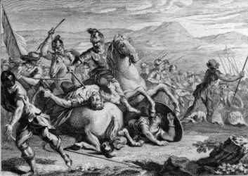 Alarik II:s död, 507: Clovis I (465-511), frankernas kung, dödade Alarik II (484-507), västgoternas kung, i slaget vid Vouille 507. Gravyr från 1700-talet.