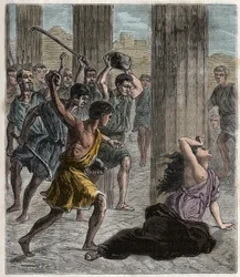 Hypatias död - Hypatia (ca 370-415), matematiker och filosof (nyplatoniker), mördad av anhängare till Kyrillos, patriark av Alexandria - Hypatias död (Hypathy) - Gravyr i 