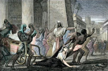 Hypatias död, mördad av anhängare till Kyrillos, patriark av Alexandria, slutet av 1800-talet (gravyr)