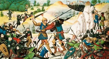 Riddar Roland, brorson till Karl den store, död i slaget vid Roncevaux (778) mellan Karl den Stores vapen och saracenerna. Miniatyr av 1300-talet.