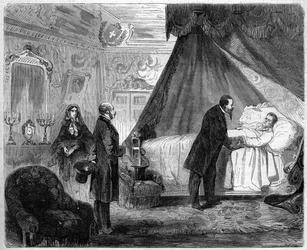 Greven av Cavours död, 6 juni 1861: Italiens kung Victor Emmanuel II (Victor-Emmanuel) (Vittorio Emanuele) (1820-1878) besökte Camillo Benso, greve av Cavour (1810-1861), dagen före sin död. Gravyr i "" Le Monde Illustré"" nr 218 av 15 juni