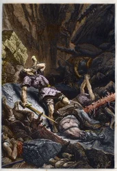 Riddaren Rolands död, Karl den stores brorson, i slaget vid Roncevaux (778) mellan Karl den stores armé och saracenerna - Rolands död i slaget vid Roncevaux-passet, 778 - gravyr ur ”Histoire de France racontée à mes grands-enfants”