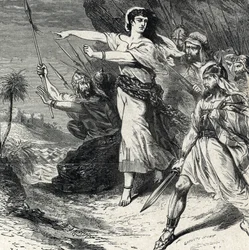 Debora leder Israels folk som förtryckts av Jabin, Kanaans kung, att slåss. Gravyr från "Helig historia" av Lahure 1800-tals privatsamling