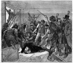 Gruvarbetarstrejken i Decazeville (Aveyron) 1886: ingenjören Watrin mördades av de strejkande. Gravyr i „Le Monde Illustré“, 6 februari 1886.