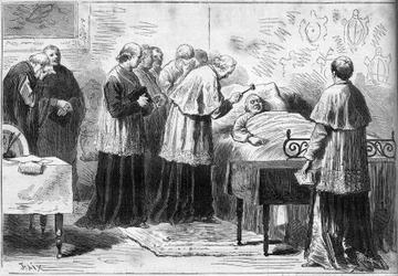 Deces of Pope Pius IX (Pio) (1792-1878): ritual för erkännande av påvens död. En kardinal slår den avlidnes panna med en silverhammare. Gravyr i "" Le Monde Illustré"" nr 1089 av 16 februari 1878.