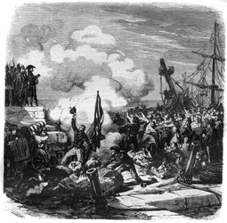 Deklaration av den kontinentala blockaden initierad av Berlindekretet i november 1806 mot England, på uppdrag av Napoleon I Bonaparte Napoleon, som försökte förstöra Storbritannien genom att hindra det från att handla med resten av Europa. Gravering i