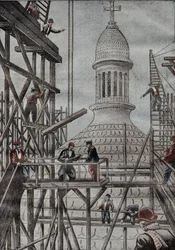 Demonstration av byggnadsställningar som avslöjar slutet på byggandet av kupolen i basilikan i Montmartre. Gravyr i "" Le Pelerin"" 1899-12-17.